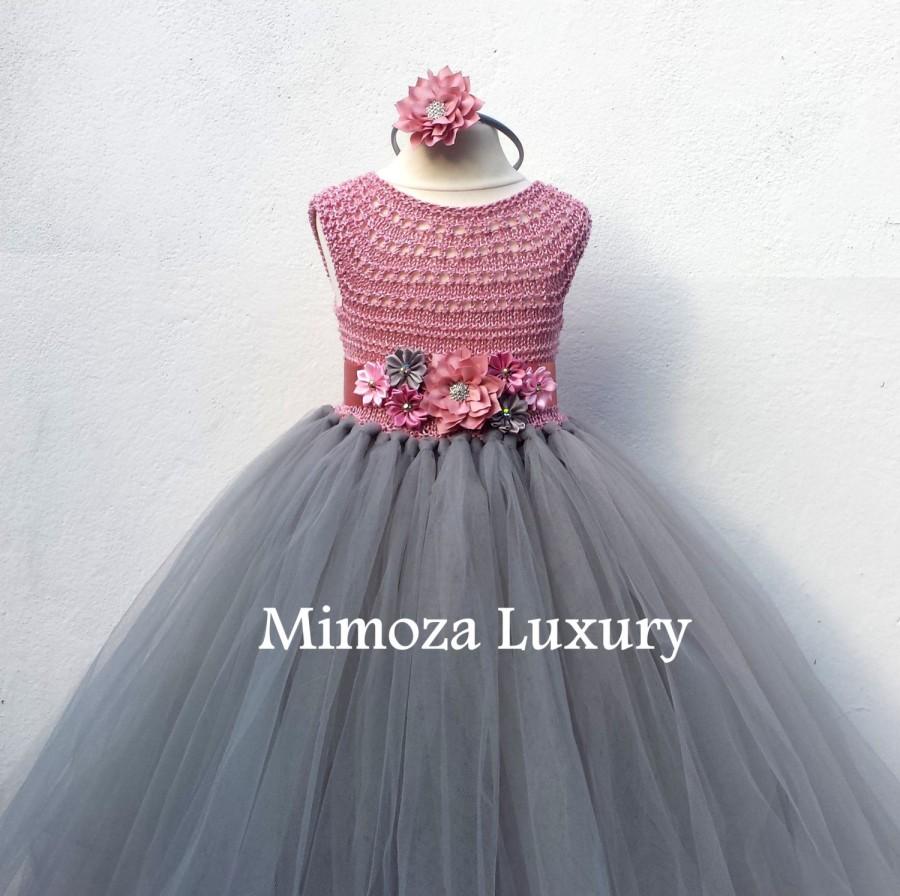 زفاف - Dusty pink and Grey Flower girl dress, tutu dress, bridesmaid dress, princess dress, silk crochet top tulle dress, hand knit silk top tutu