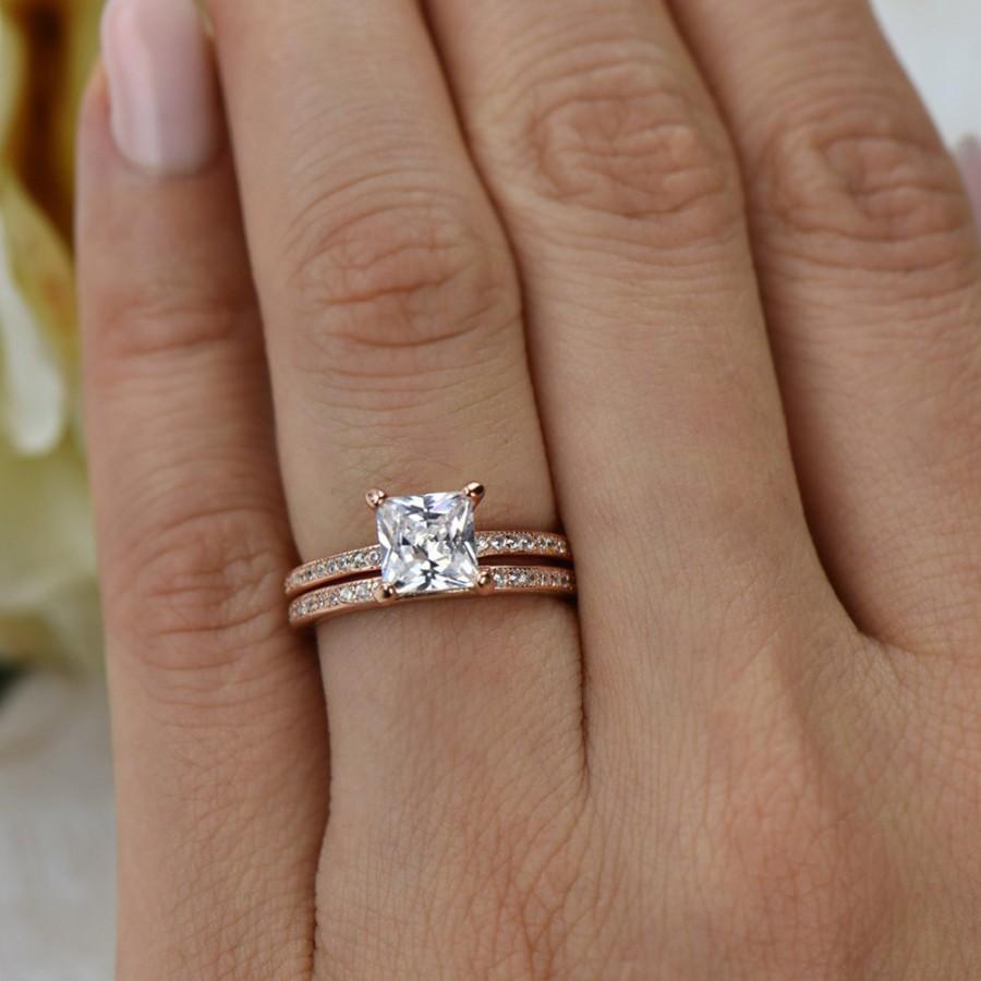 Свадьба - 1.5 ctw Princess Cut, Eternity Wedding Set, Bridal Rings, Man Made Diamond Simulants, Engagement Ring, 14k Rose Gold Plated, Sterling Silver