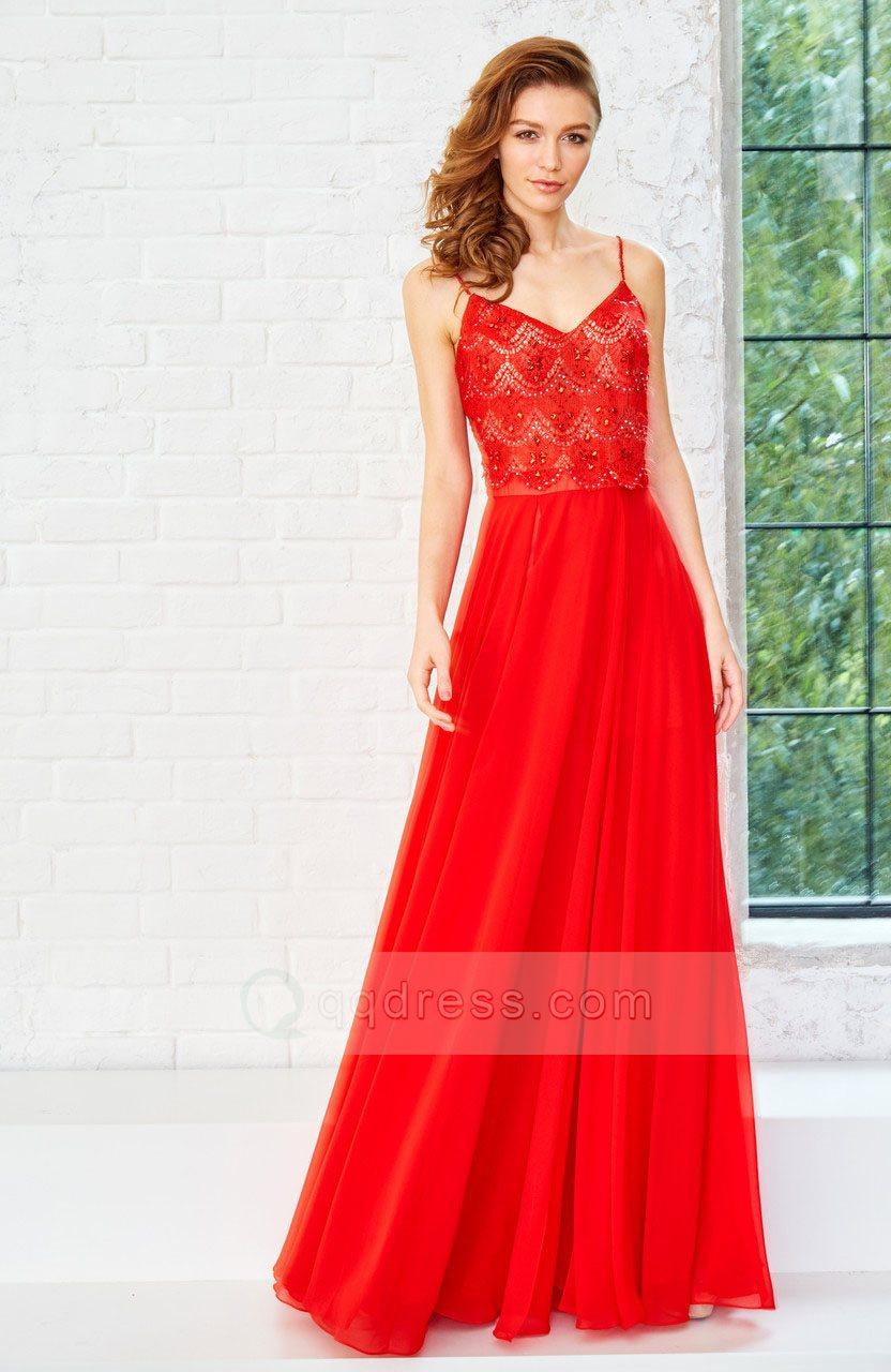 Wedding - A-line V-neck Spaghetti Straps Beaded Lace Bodice Chiffon Long Prom Dress