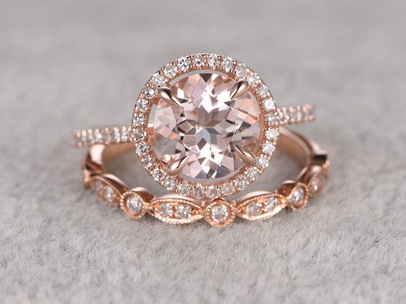 Mariage - 2pcs Morganite Bridal Ring Set,Engagement ring Rose gold,Diamond wedding band,14k,8mm Round Cut,Gemstone Promise Ring,Art Deco Eternity Band
