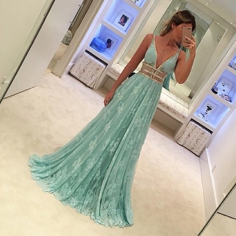 Mariage - Fabulous Mint Green Prom Dress - Deep V Neck Sleeveless Floor Length Lace with Beading from Dressywomen
