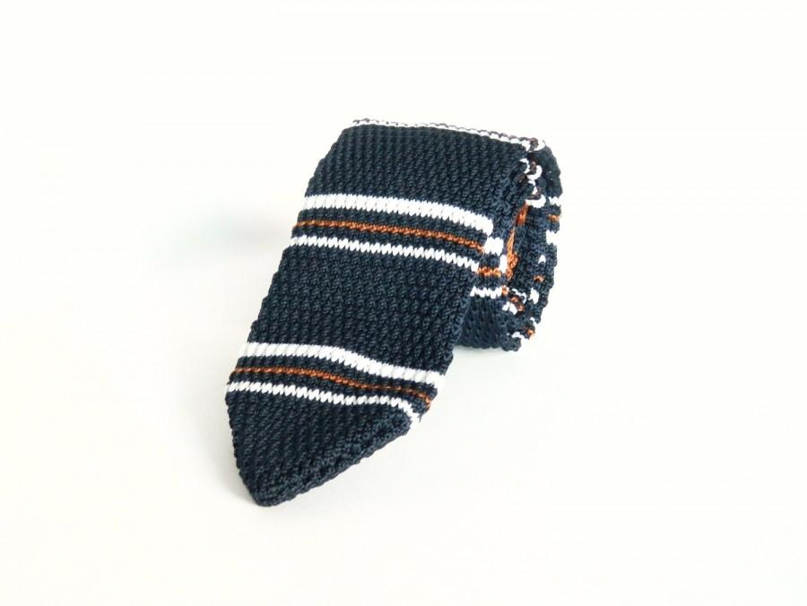 Wedding - Men's knitted blue stripe tie wedding tie gift for men groomsmen blue stripe cotton knit tie