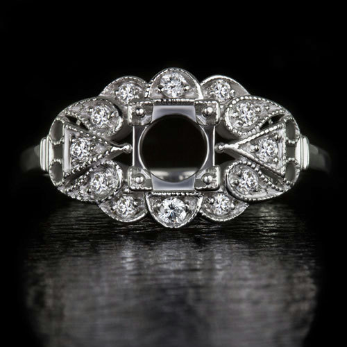 Wedding - 14K White Gold 5mm-6mm Round Handcrafted Vintage Antique Style Flower Diamond Setting Art Deco Inspired Ring 5704