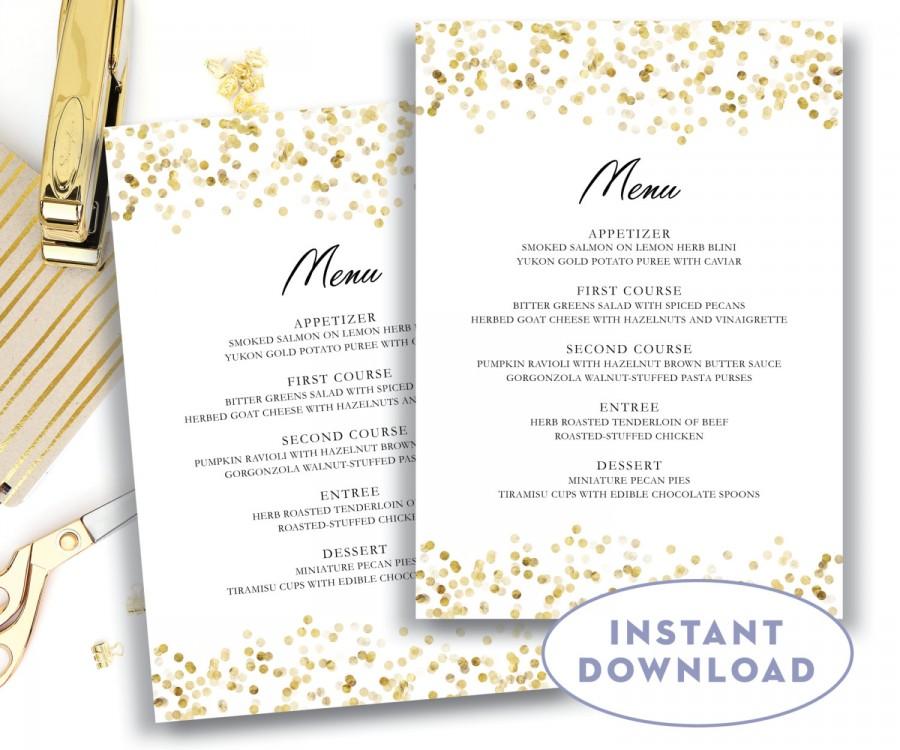 Wedding - Gold Wedding Menu Template 5x7 Editable Text Microsoft Word Menu Card Template, Gold Confetti Menu INSTANT DOWNLOAD Glam Gold Menu