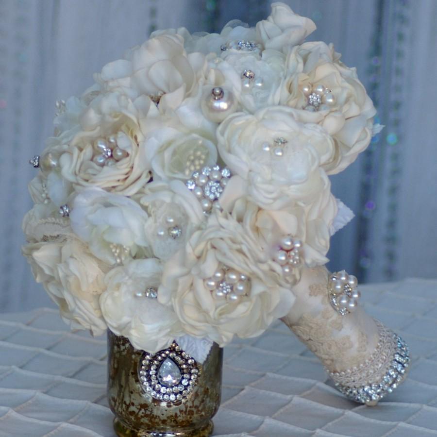 Hochzeit - Gatsby Brooch Bouquet FREE Boutonniere Fabric flower Ivory Champagne Cream