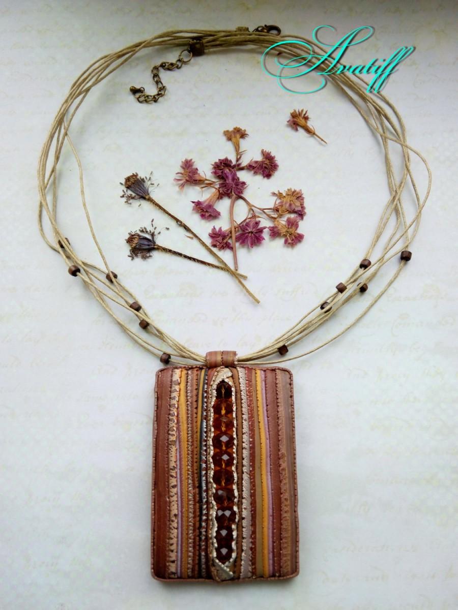Wedding - Brown pendant, Boho Ethnic Pendant, Imitation Wood Grain, Donut Pendant, Gold Tone,  Polymer Clay Jewelry, Brown necklace