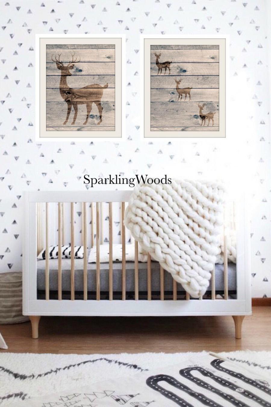 Wedding - Set of 2 Deer Prints Rustic Wall Art Distressed Wood Background Home Decor