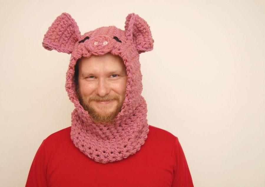 Свадьба - Crochet Snood Scarf Pig, knit hood scarf, crochet hood scarf, Pink Pig snood, gift for her, girlfriend gift Valentine's Day gift