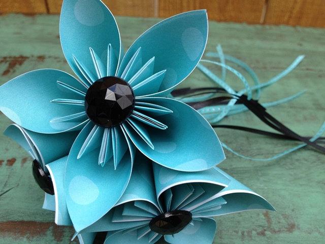 Wedding - Black, White and Light Blue Whimsical Paper Flower Wand
