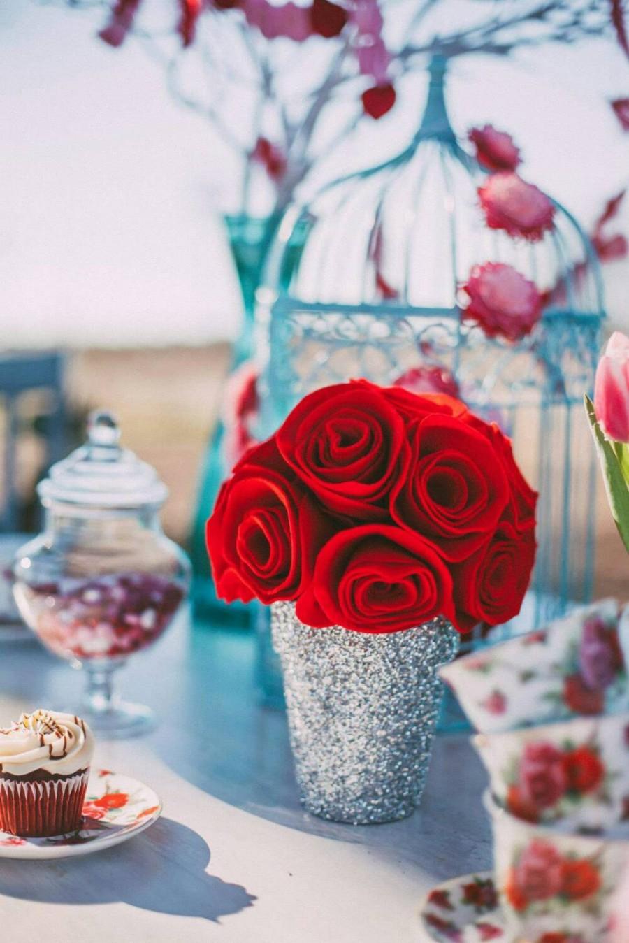 Wedding - Felt Red Rose Topiary in Glittered Pot 