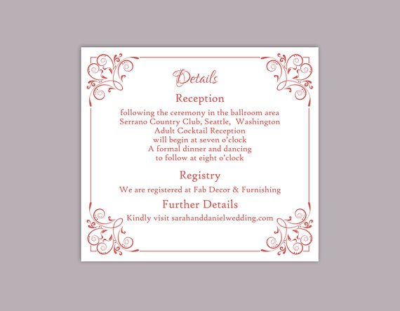 Hochzeit - DIY Wedding Details Card Template Editable Text Word File Download Printable Details Card Wine Red Details Card Red Information Cards