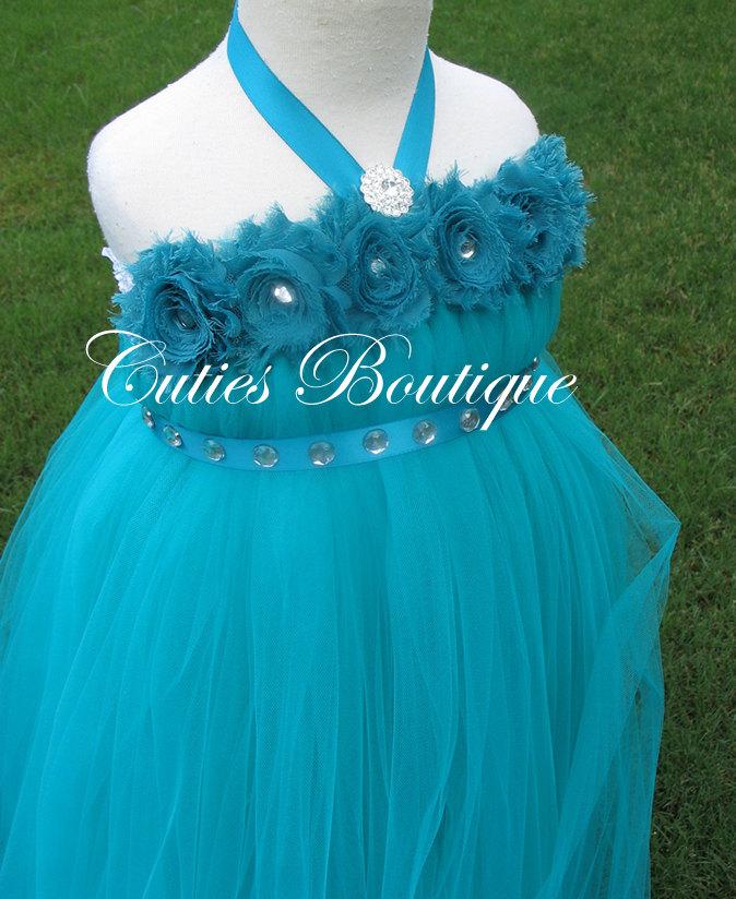 Mariage - Teal Flower Dress Wedding Dress Birthday Holiday Picture Prop 3, 6, 9, 12, 18, 24 Month, 2T, 3T,4T 5T Teal Flower Girl Tutu Dress