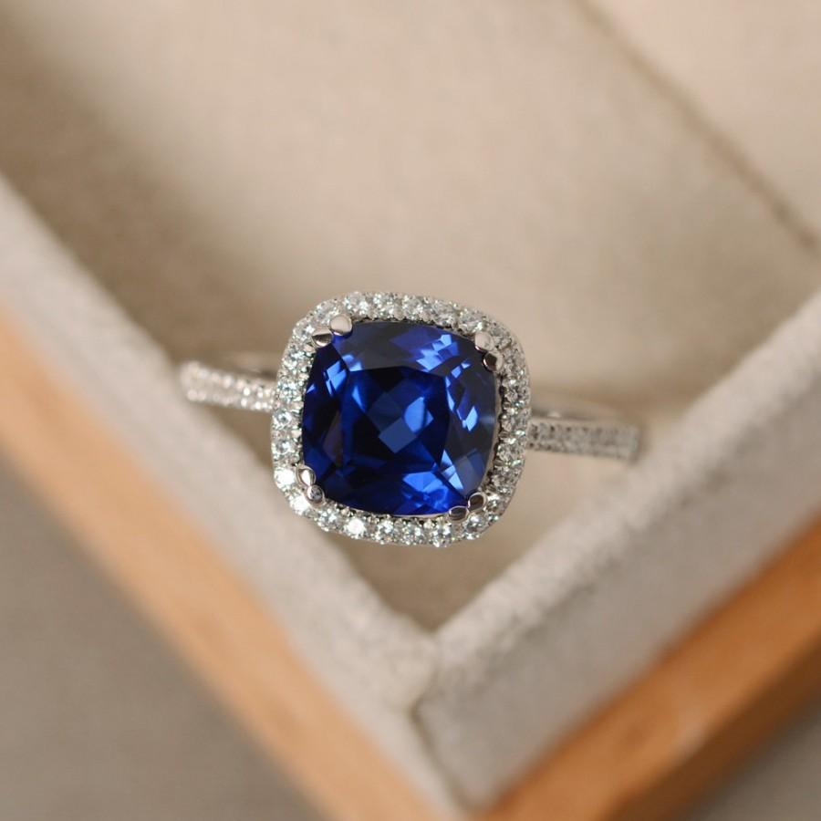 Wedding - Sapphire ring, cushion cut engagement ring, silver, blue sapphire