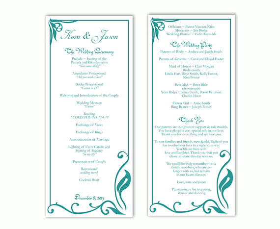 Mariage - Wedding Program Template DIY Editable Text Word File Download Program Teal Wedding Program Blue Program Printable Wedding Program 4x9.25inch
