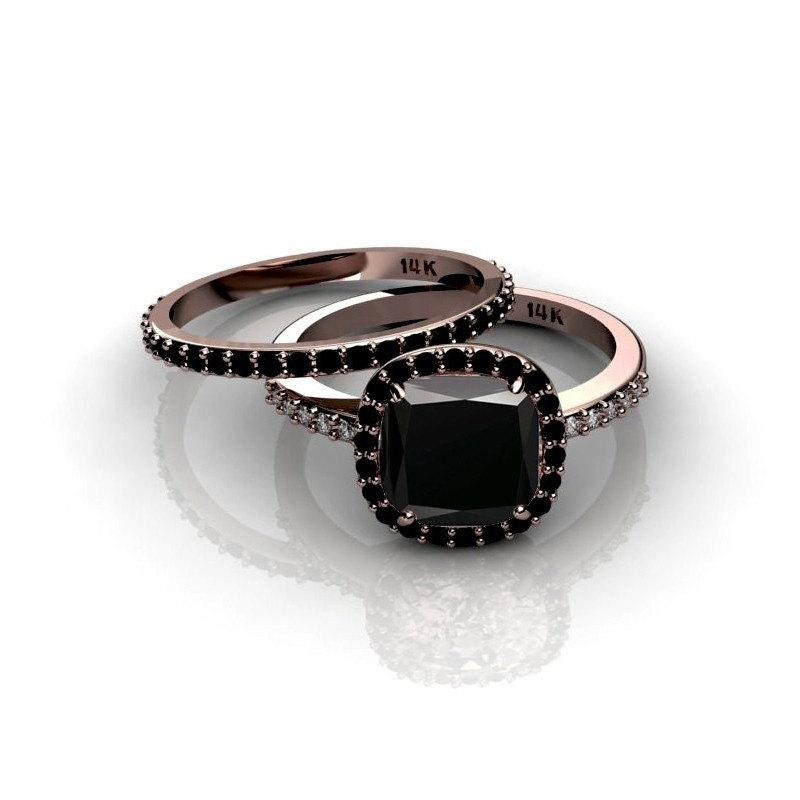 زفاف - Limited Time Sale 2 carat Black Diamond Halo Bridal Set in 10k Rose Gold : Our Bestselling Bridal Ring Set Design