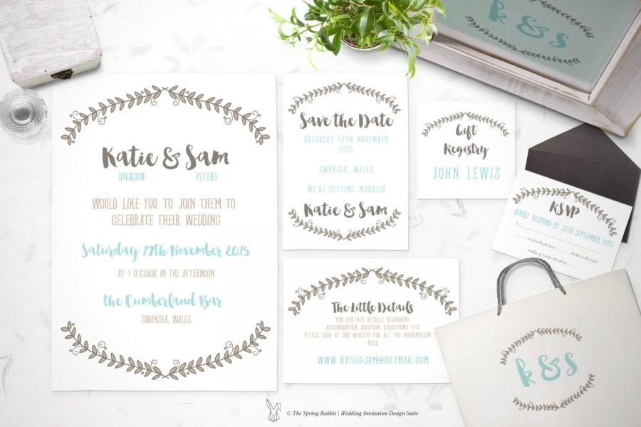 Свадьба - Printable Wedding Invitation Suite - Modern Wreath Invitation - Customizable Wedding Invites - DIY Wedding Invitation Set