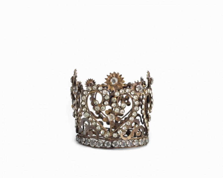 Wedding - Gold Crown Cake Topper, Antique Gold Crown, Vintage Rhinestone Crown, Heart Crown, wedding cake topper