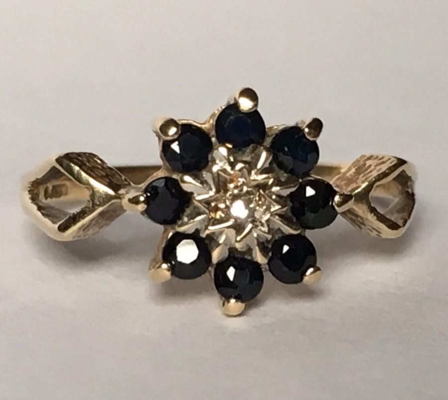 زفاف - Vintage Sapphire Ring. Diamond Accents. 9K Yellow Gold Floral Setting. Unique Engagement Ring. September Birthstone. 5th Anniversary Gift
