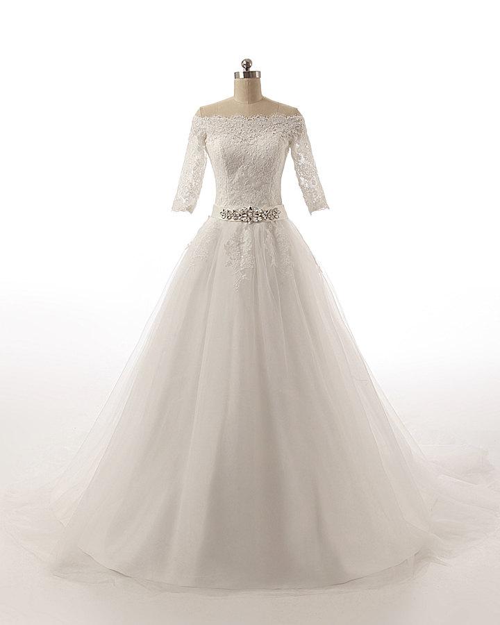Hochzeit - Romantic Top Lace Ball Gown Wedding Dress Bridal Dress Crystal Belt Bridal Gowns Ball Gown Wedding Gowns Wedding Dresses