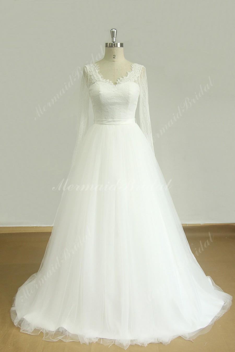 Mariage - Open back long sleeved tulle lace wedding dress with deep v neckline
