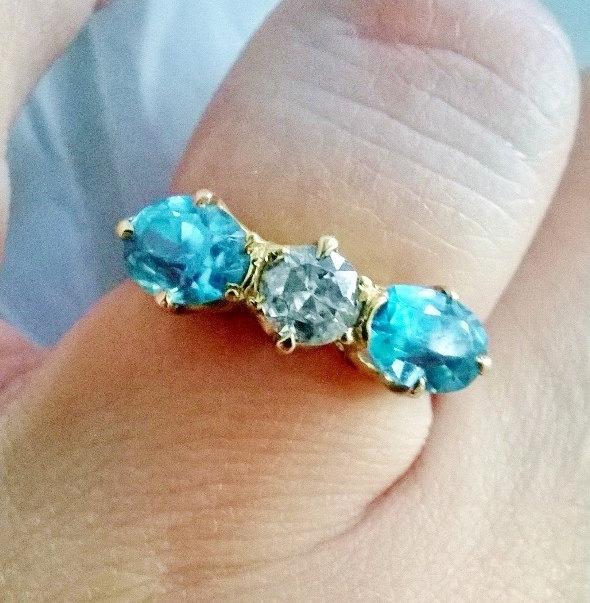 Свадьба - SALE Sparkly Fantastic Half Carat Old Mine Cut Diamond Aqua Sky Blue Zircon 3 Stone Engagement Ring! Victorian Era (1850s) in 14K YG!