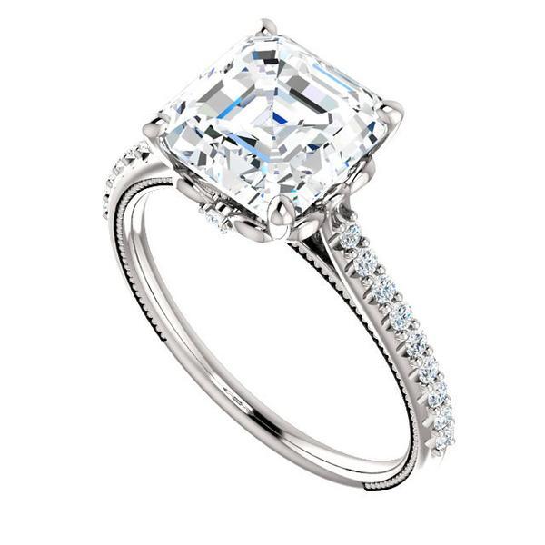 Свадьба - SUPERNOVA Moissanite Asscher Cut & Diamond Ring Milgrain Ring, Moissanite Asscher RIngs