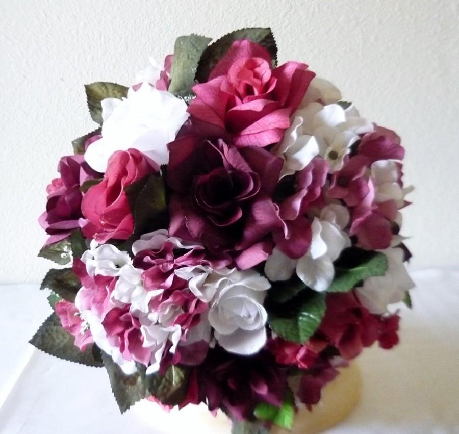 زفاف - Burgundy Hydrangea Bridal Bouquet and Boutonniere