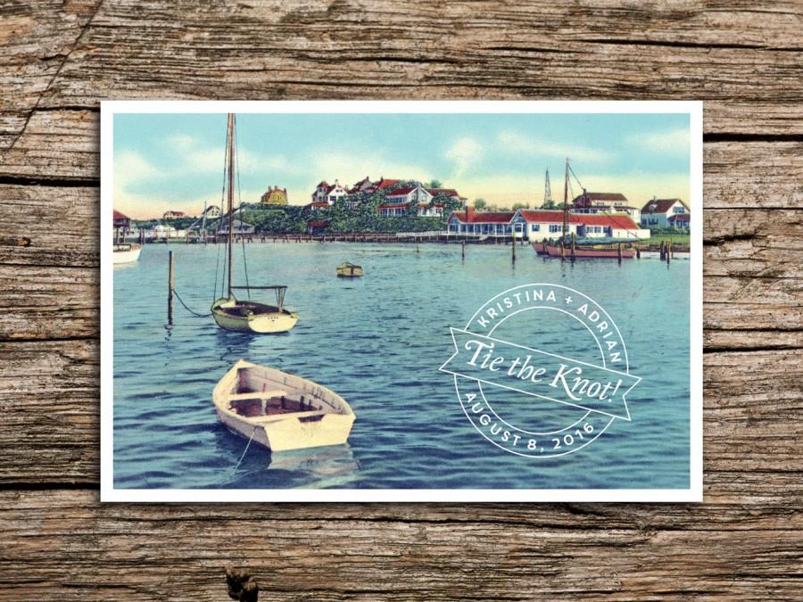 Свадьба - New England Harbor Save the Date Postcard // Cape Cod Save the Date Vintage New England Post Card Yacht Club Wedding Anchor Marthas Vineyard