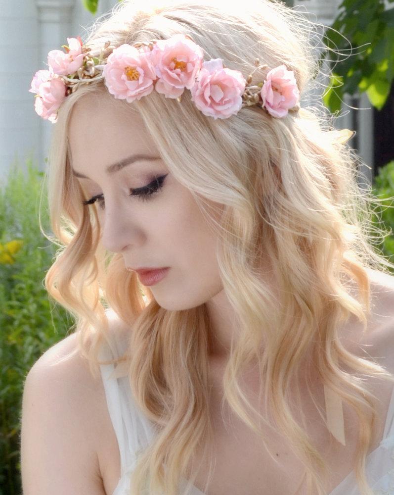 Wedding - Pink flower crown, rose headpiece, floral crown, gold crown, wedding headband, Briar Rose - hair accessory by gardens of whimsy on etsy