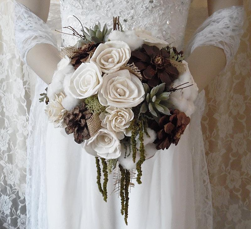 زفاف - Ready to Ship ~~~ Large Rustic Cotton & Sola Flower Bridal Bouquet with a jute wrapped handle.