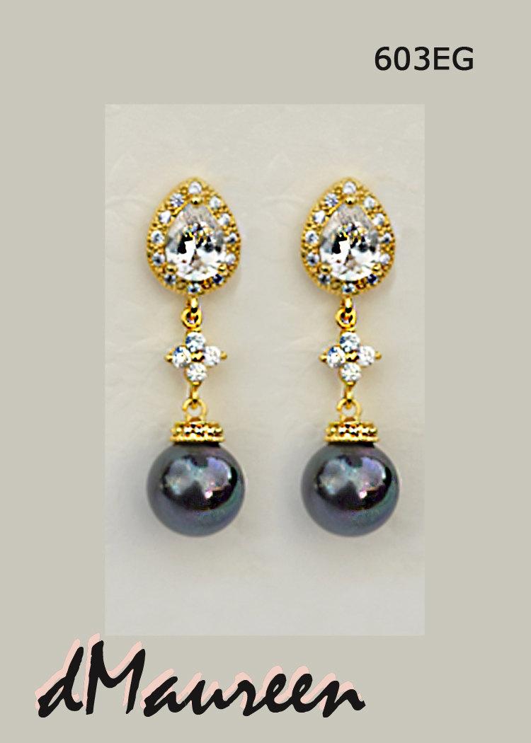 Hochzeit - Pearl Bridal Jewelry 603EG BLACK Pearl Earrings. Yellow Gold Wedding Earrings. Pearl Wedding Jewelry. Black Wedding CZ Bridal Jewelry LBD