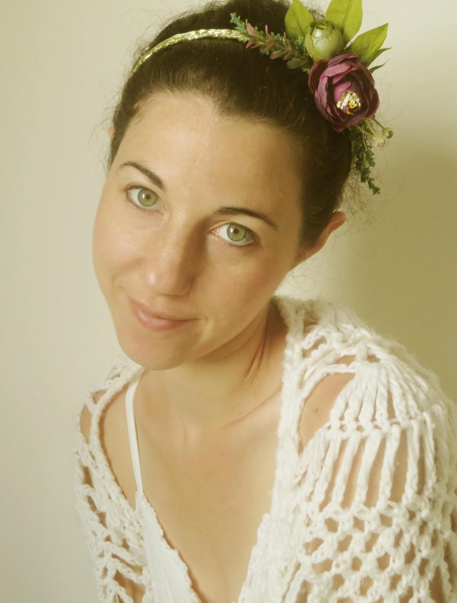Hochzeit - Alice band wreath with amaranth flower, Gold fairy bride or bridesmaid Boho Wedding hair accessories.