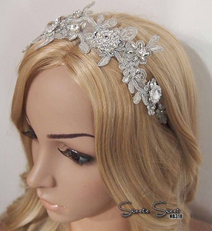 Mariage - Silver Lace flower headband, Wedding bridal headband, Bridal headpiece, Race Fascinator, flower girl Headband, Bridesmaid headband