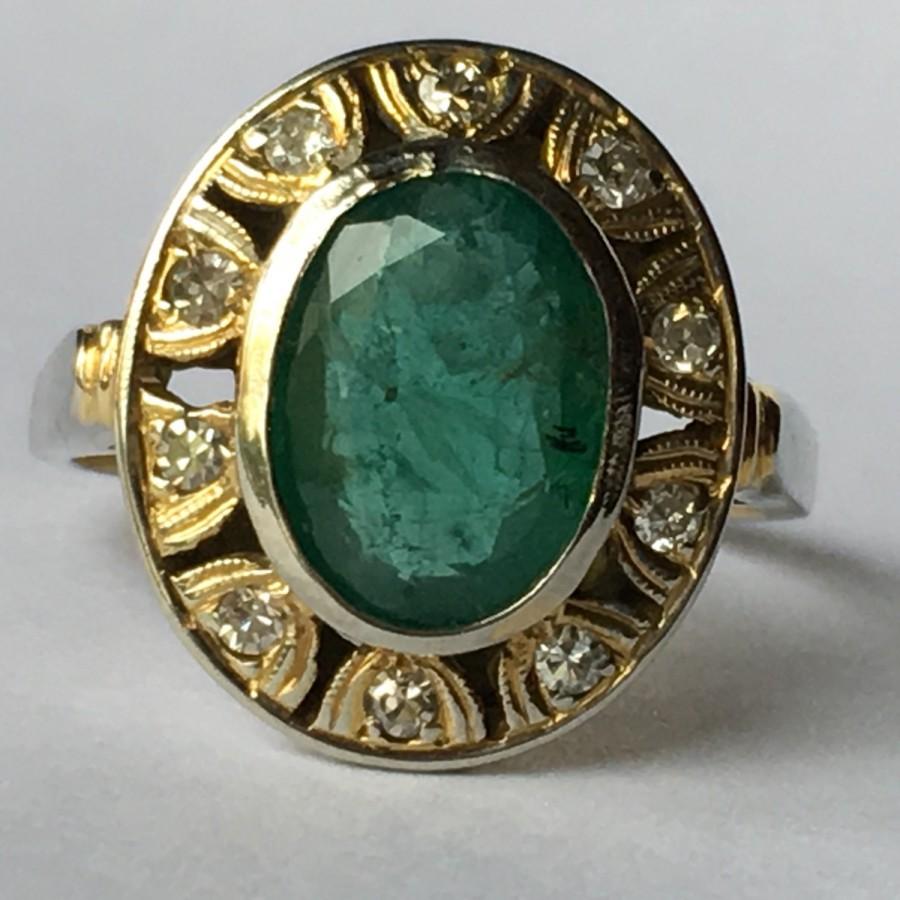 Wedding - Antique Emerald Ring. Diamond Halo. 14K Yellow Gold. Art Deco. Unique Engagement Ring. Estate Jewelry. May Birthstone. 20th Anniversary.