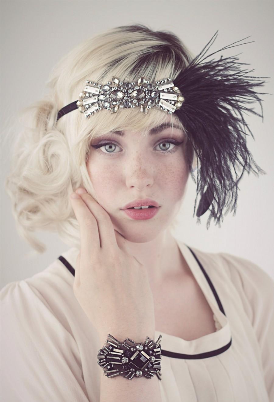 زفاف - Deco Flapper Headband Antique Silver Beading with Black, Silver Gray or Charcoal Gray Ostrich Feather Headband
