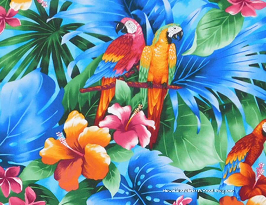 Wedding - Fabric, Parrot, Tropical Love Birds, Forest Woodland, Green Blue Leaves, Hibiscus, Cotton, HCN9993, Ask for bulk
