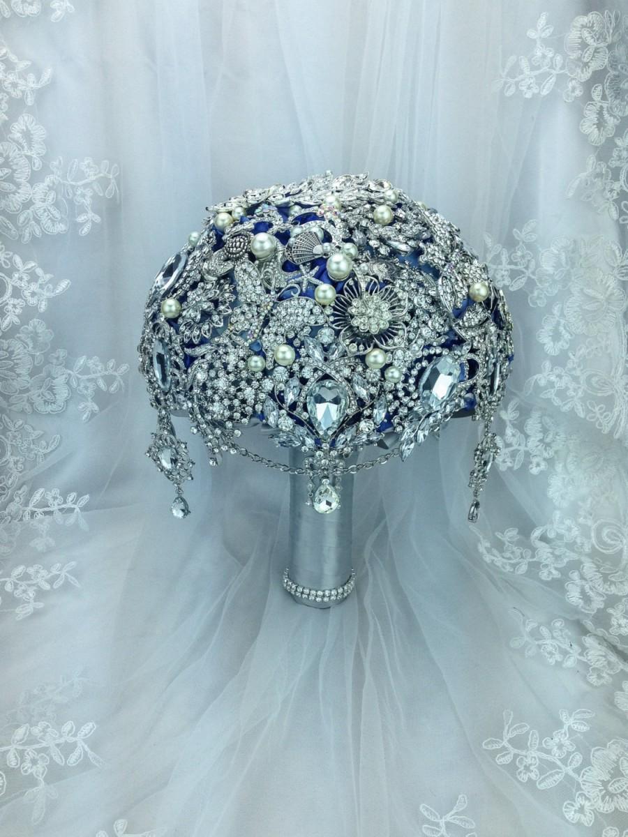 Hochzeit - Luxurious Silver Royal Blue Brooch bouquet. DEPOSIT on Sapphire Blue bridal crystal bling broach bouquet with hints of turquoise. Sea themed