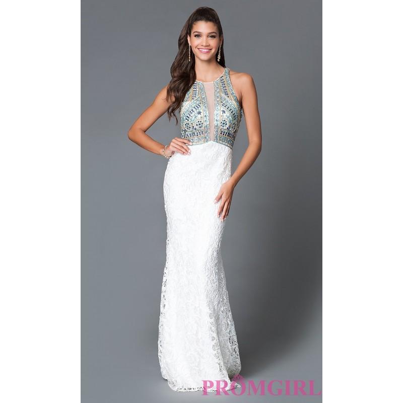 Wedding - Long Ivory Beaded High Neck Lace Prom Dress by Dave and Johnny - Discount Evening Dresses 
