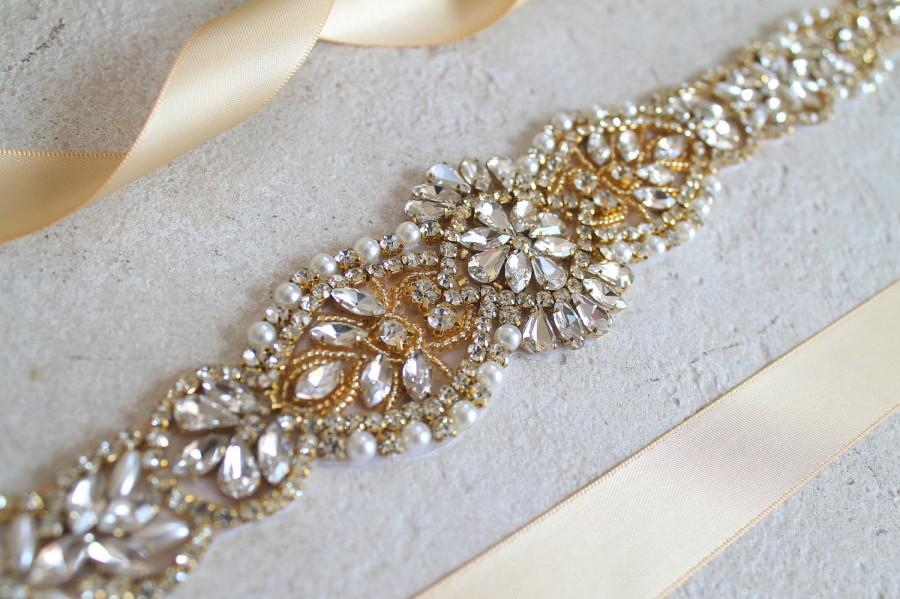 زفاف - Gold Bridal Crystal, Pearl sash. Rhinestone Applique Wedding Belt. Bride Sash. CALLISTA
