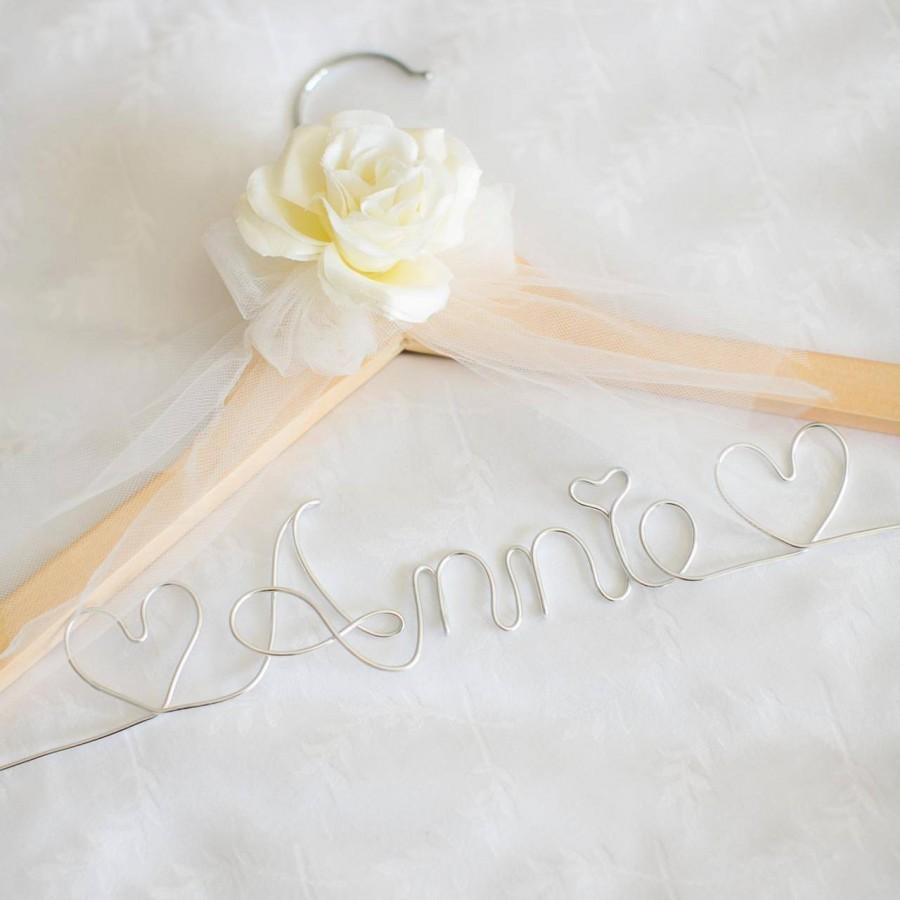 Hochzeit - Bridal Hanger w/ Ivory Flower + Sheer Tulle Veil