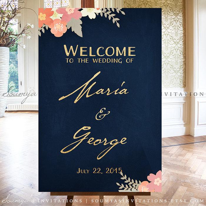 Mariage - Wedding Welcome Sign, Gold and Navy Welcome Sign, Dark Blue Wedding Reception Sign, Personalized Printable Wedding Sign, Party Welcome Sign