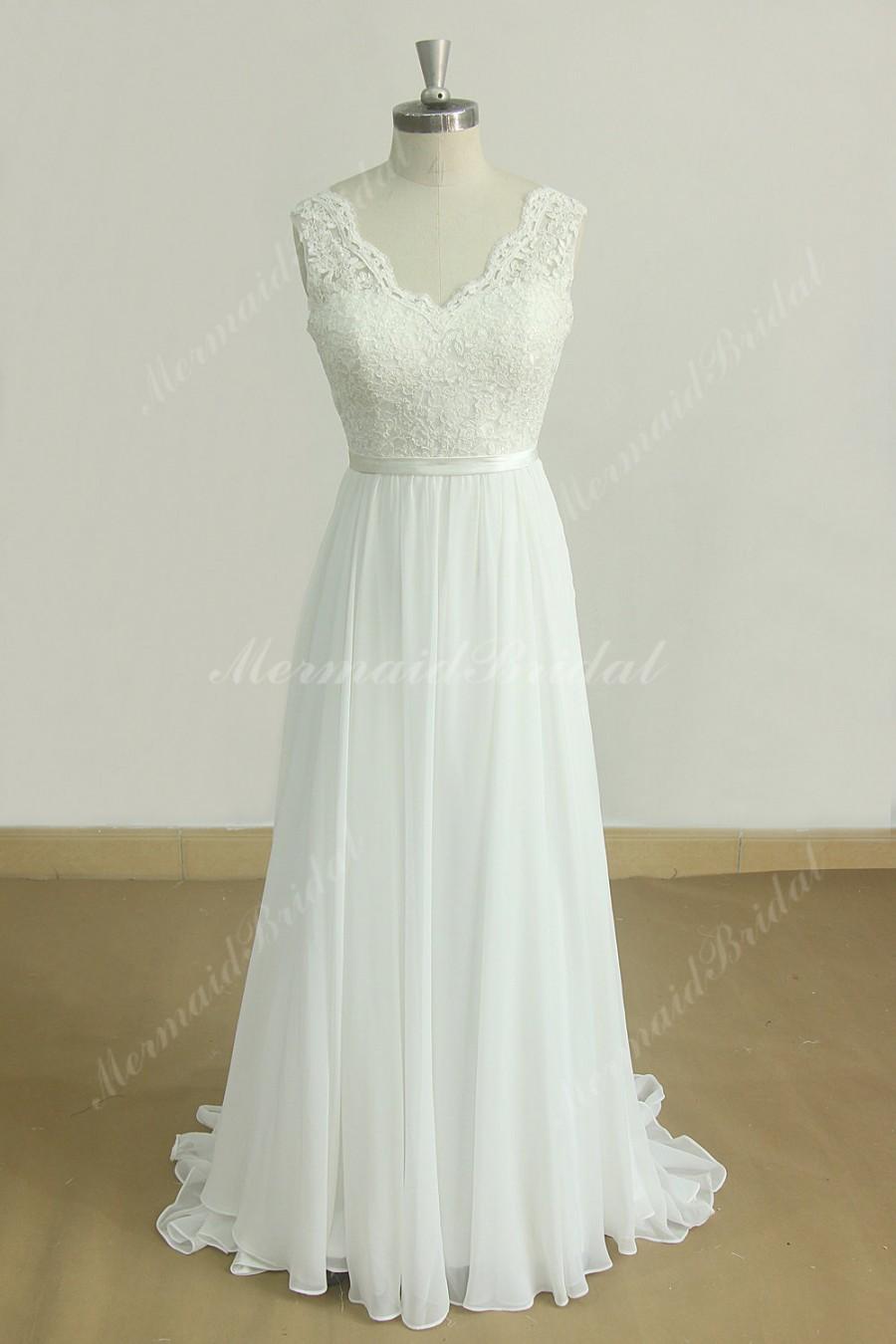 Hochzeit - Deep V Neckline Ivory A Line Chiffon Lace wedding dress with scallop open back