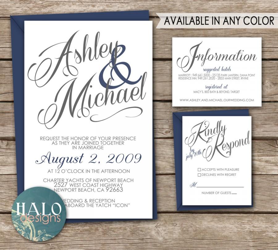 Hochzeit - Classic White Wedding Invitations - Invitation, RSVP postcard, Info card, Printable, navy blue