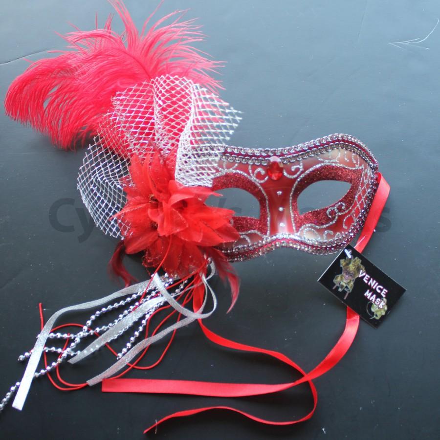 Hochzeit - Red pvc Venetian Ostrich Feather Mask for wedding dancing Masquerade 4B1B SKU: 6F41