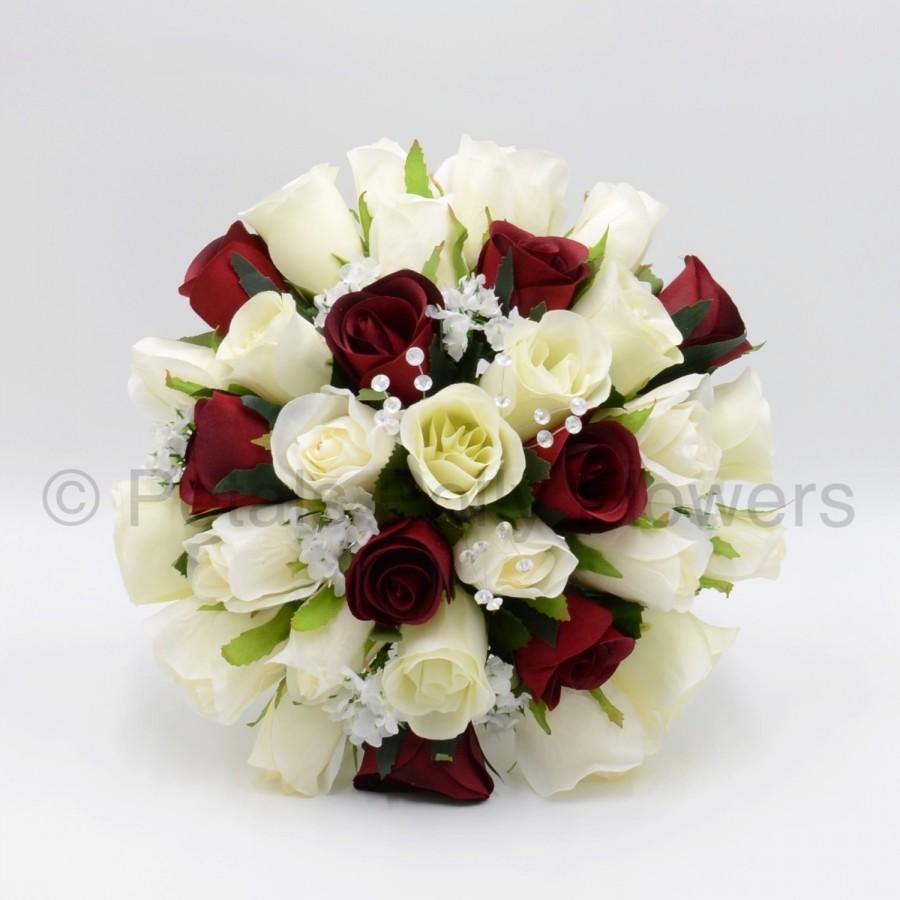 Hochzeit - Artificial Wedding Flowers, Burgundy & Ivory Rose Brides Bouquet Posy