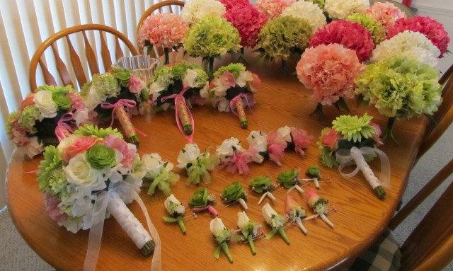 Wedding - Lime green, pink and white shabby chic wedding bouquet set, see below for what is included