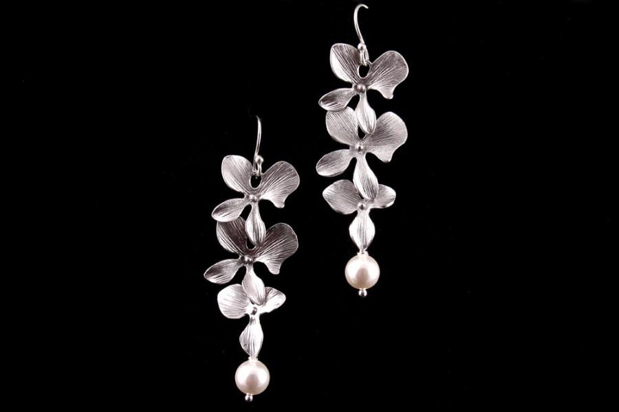 Mariage - Bridal Earrings Triple Orchid and Pearl Silver Wedding Earrings