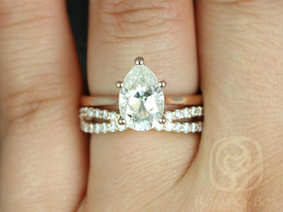 Свадьба - Skinny Jane 10x7mm & Lima 14kt Rose Gold Pear FB Moissanite Tulip Cathedral Solitaire Wedding Set  (Other metals/stone available)