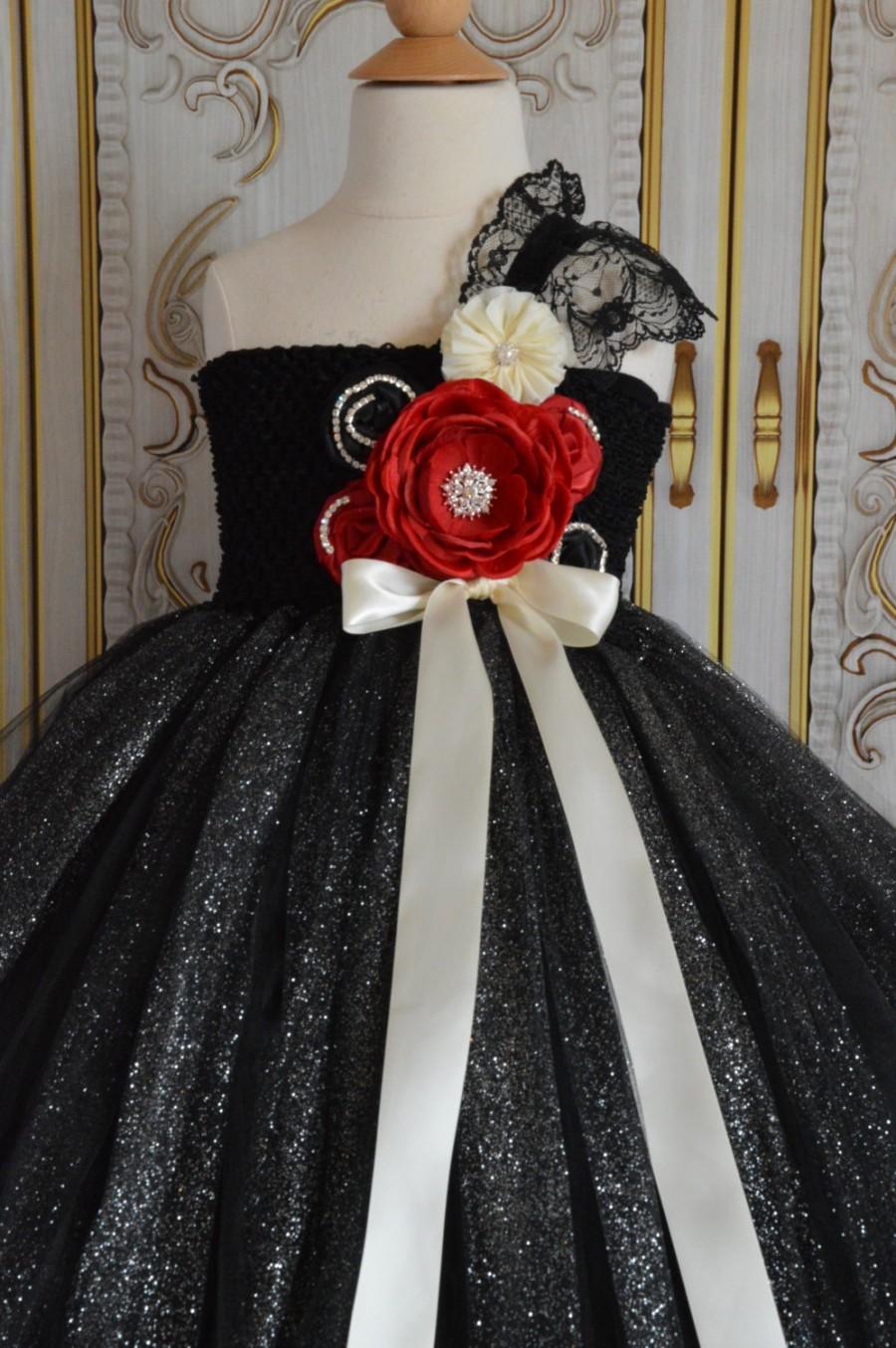 زفاف - Black Red and Ivory flower girl Tutu Dress