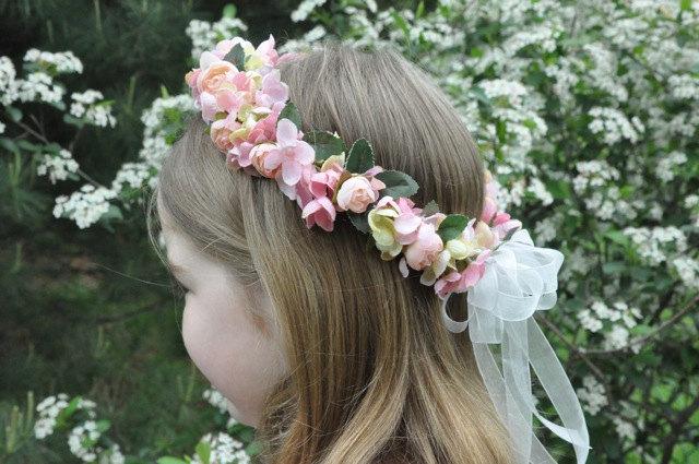 Mariage - Silk Flower Girl Wreath, First Communion Crown, Wedding Flowers, Pink Hydrangea, Roses flower halo by Holly's Flower Shoppe.